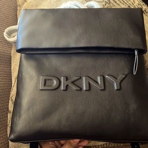 DKNY Black Faux Leather Tilly Logo Foldover Backpack